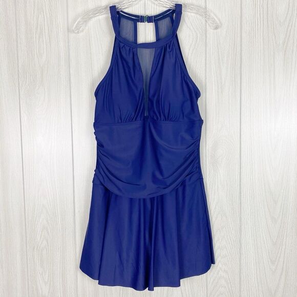 Other - Yonique | Navy Blue Swim Dress With V-Neck Mesh Detail Size Large